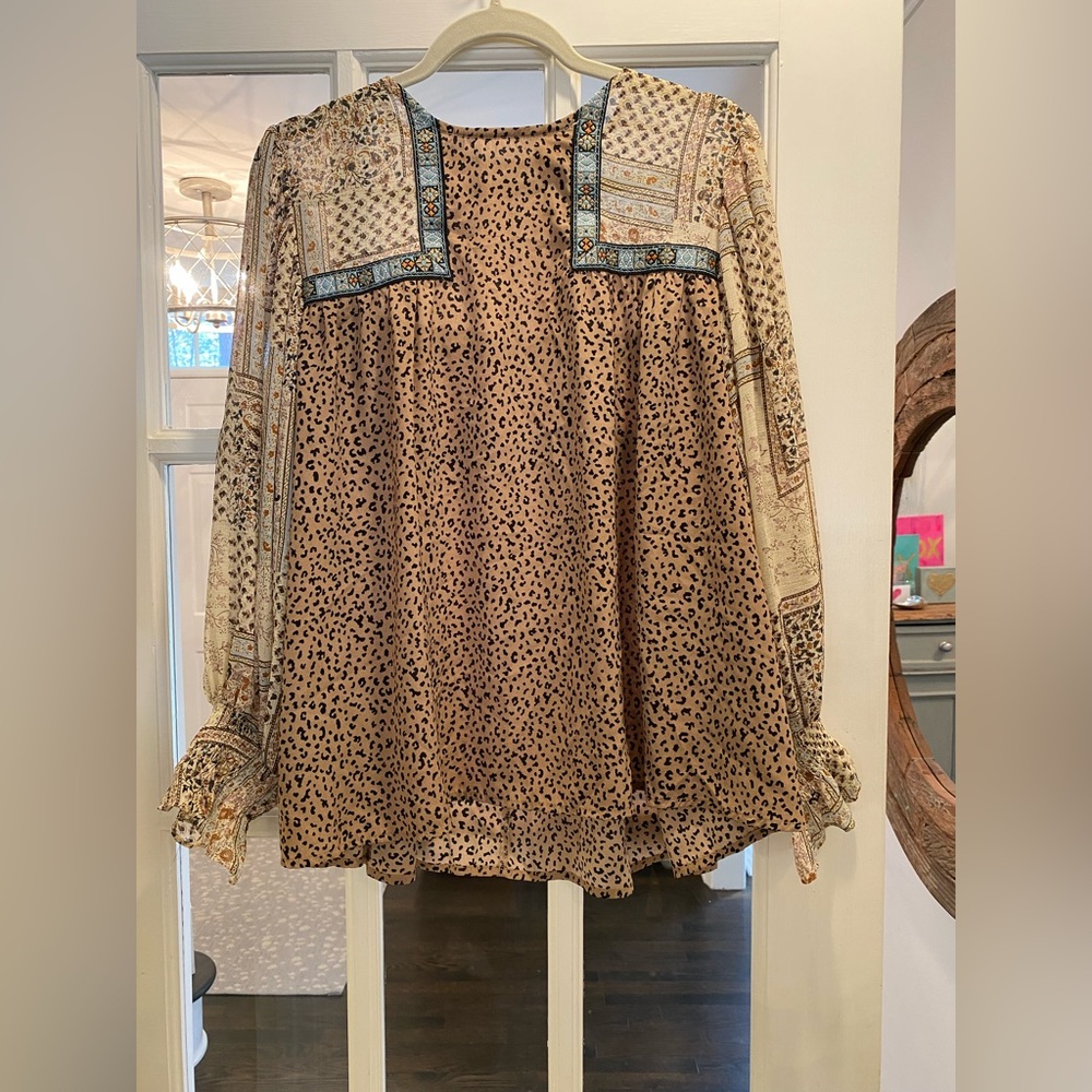 ENTRO animal print loose flowy top with embroidered ribbon detail - size L